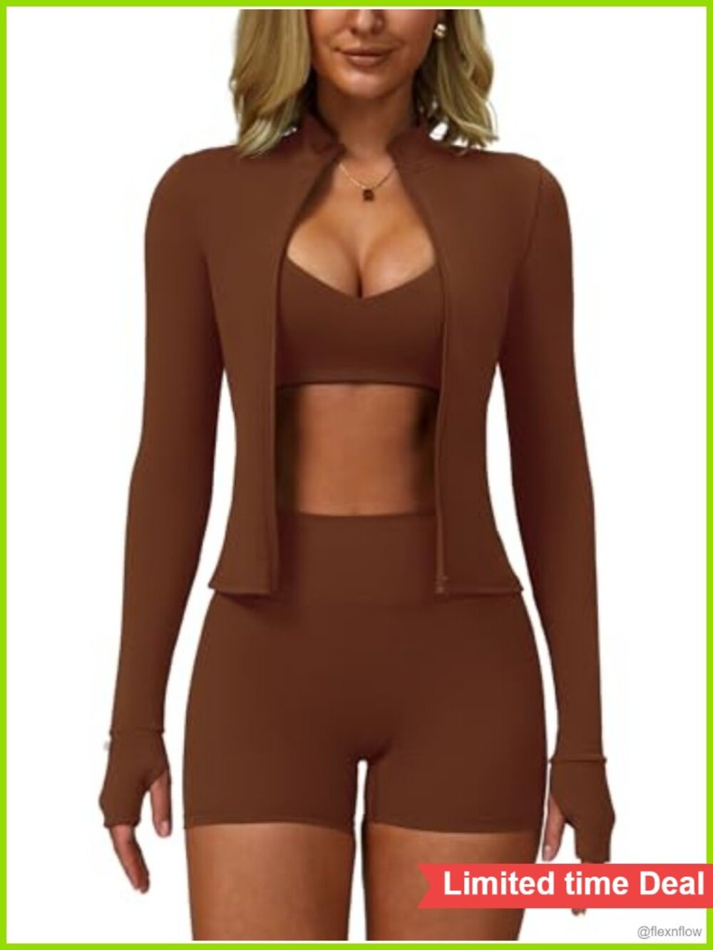3pc Women's Active Set Long Sleeve Zip Jacket Racerback Bra High Waisted Shorts